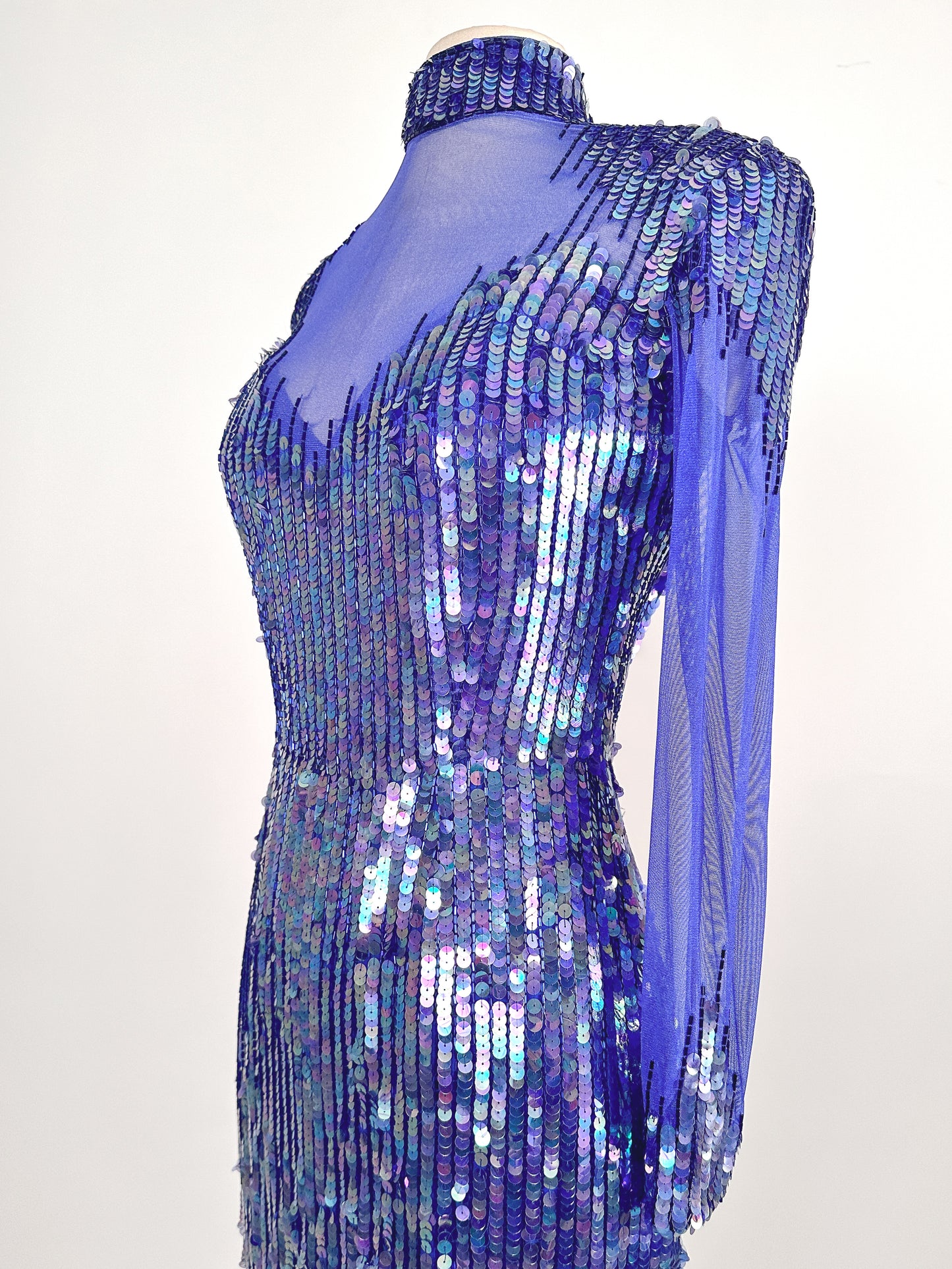 1980s Striking Cobalt and Purple Sequin Gown by Casadei / Waist 30