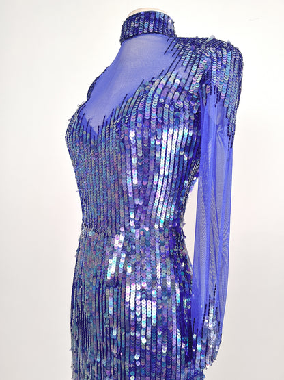 1980s Striking Cobalt and Purple Sequin Gown by Casadei / Waist 30