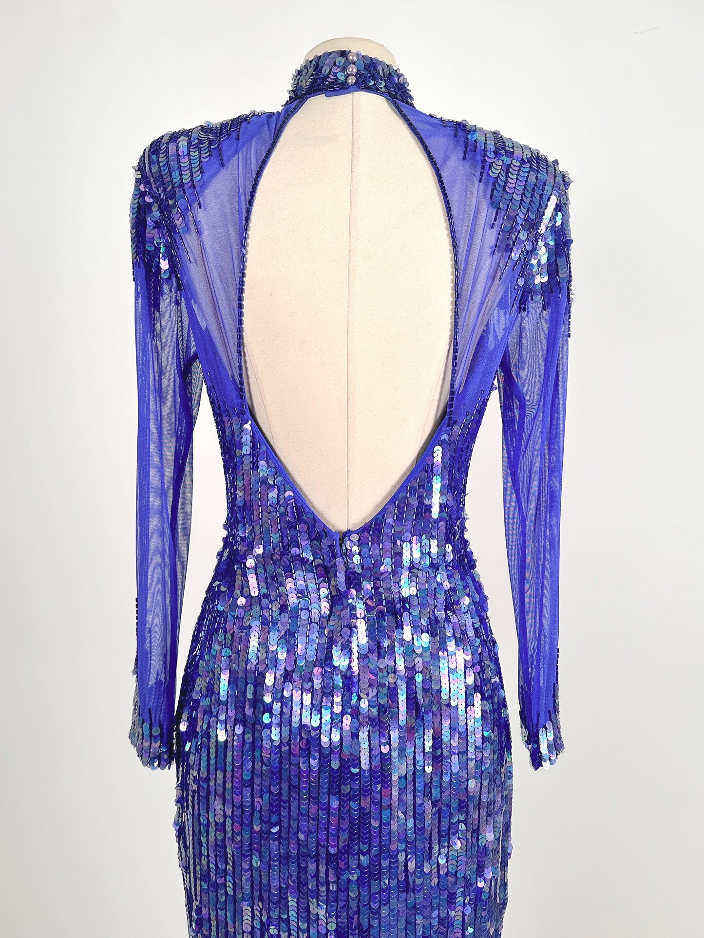 1980s Striking Cobalt and Purple Sequin Gown by Casadei / Waist 30
