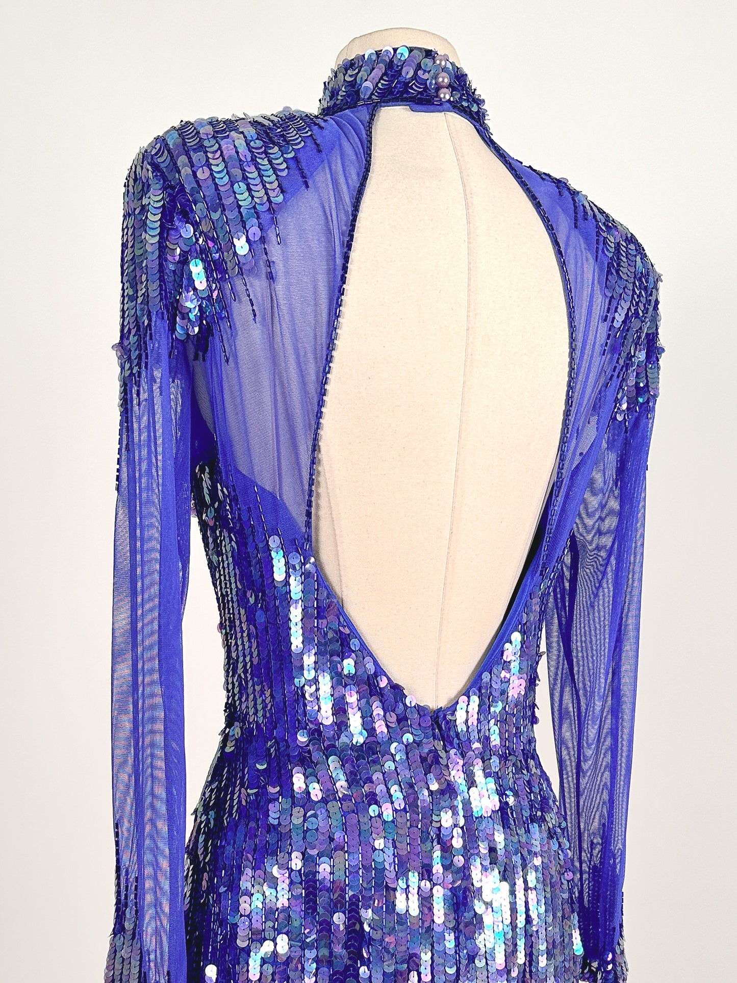 1980s Striking Cobalt and Purple Sequin Gown by Casadei / Waist 30