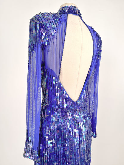 1980s Striking Cobalt and Purple Sequin Gown by Casadei / Waist 30