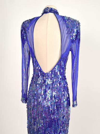 1980s Striking Cobalt and Purple Sequin Gown by Casadei / Waist 30