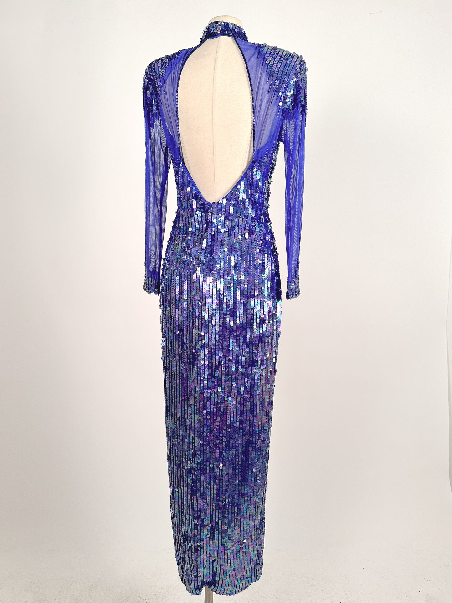 1980s Striking Cobalt and Purple Sequin Gown by Casadei / Waist 30