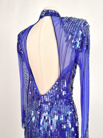 1980s Striking Cobalt and Purple Sequin Gown by Casadei / Waist 30