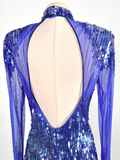 1980s Striking Cobalt and Purple Sequin Gown by Casadei / Waist 30