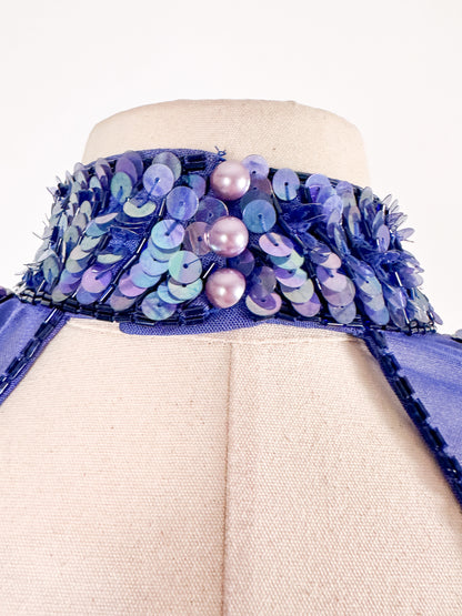 1980s Striking Cobalt and Purple Sequin Gown by Casadei / Waist 30