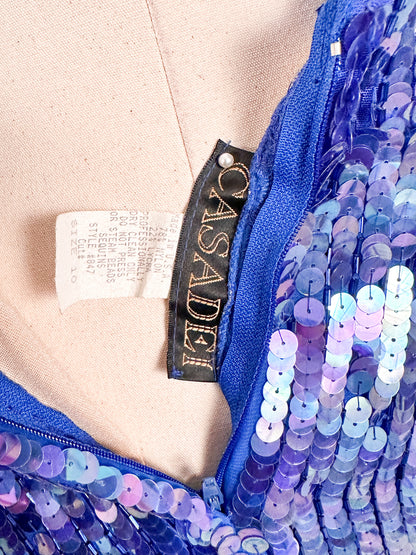 1980s Striking Cobalt and Purple Sequin Gown by Casadei / Waist 30