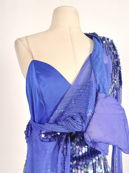 1980s Striking Cobalt and Purple Sequin Gown by Casadei / Waist 30
