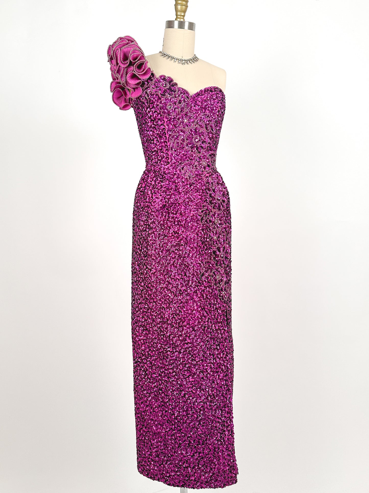 1980s Magenta Sequin Gown / Waist 24