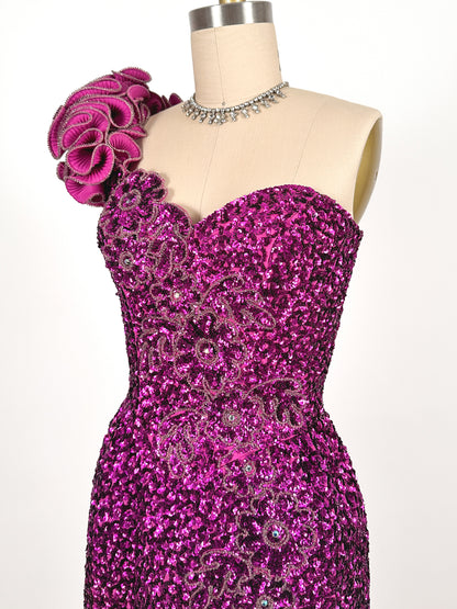 1980s Magenta Sequin Gown / Waist 24