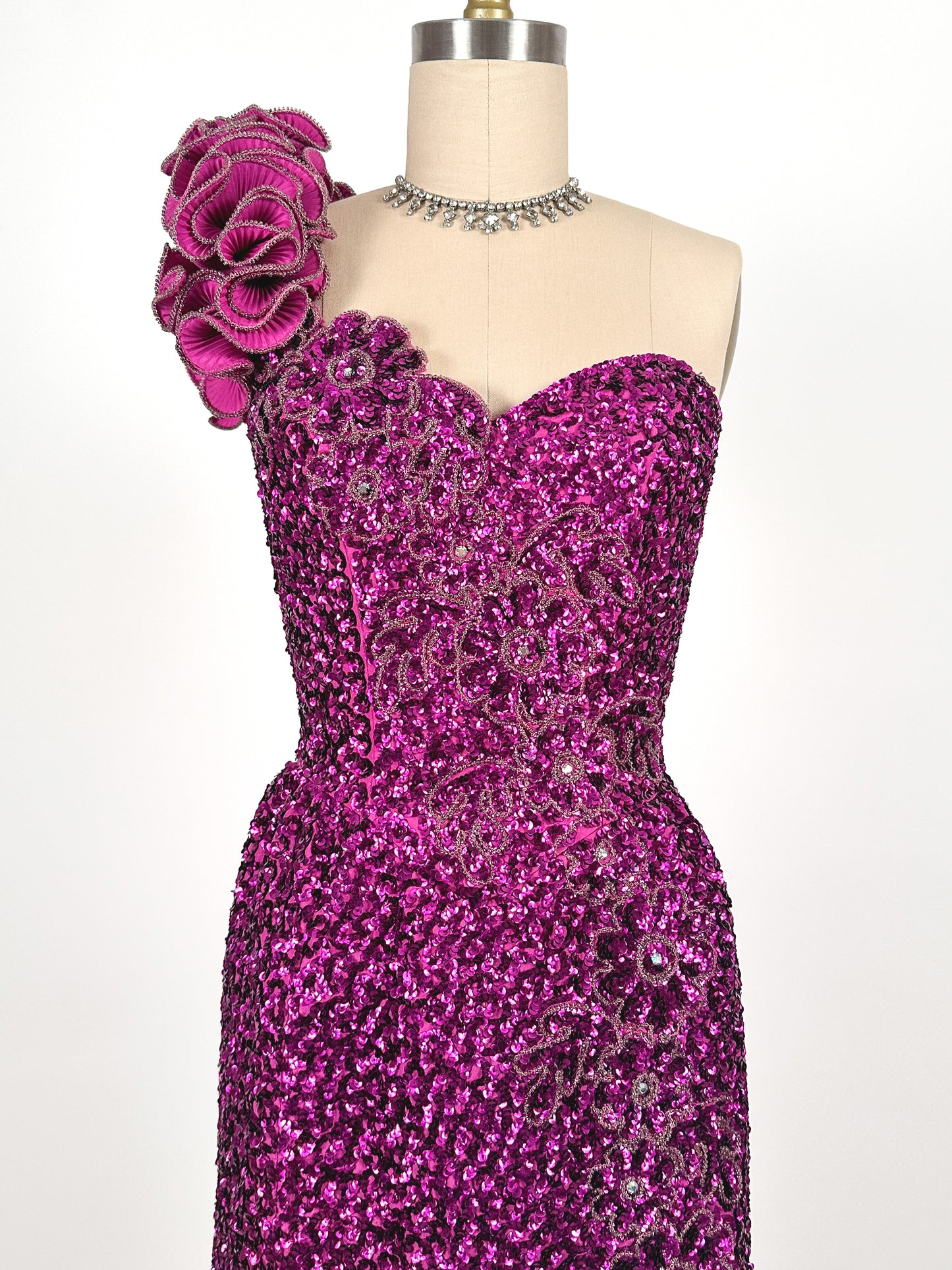 1980s Magenta Sequin Gown / Waist 24