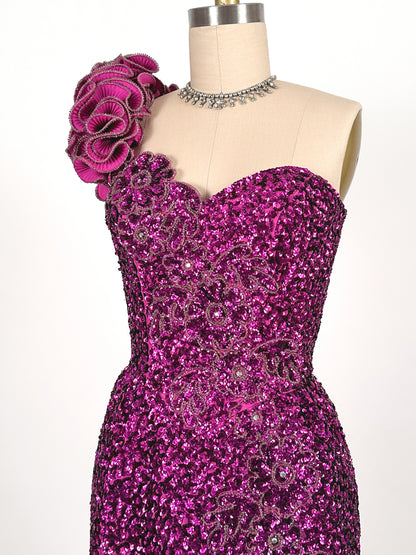 1980s Magenta Sequin Gown / Waist 24