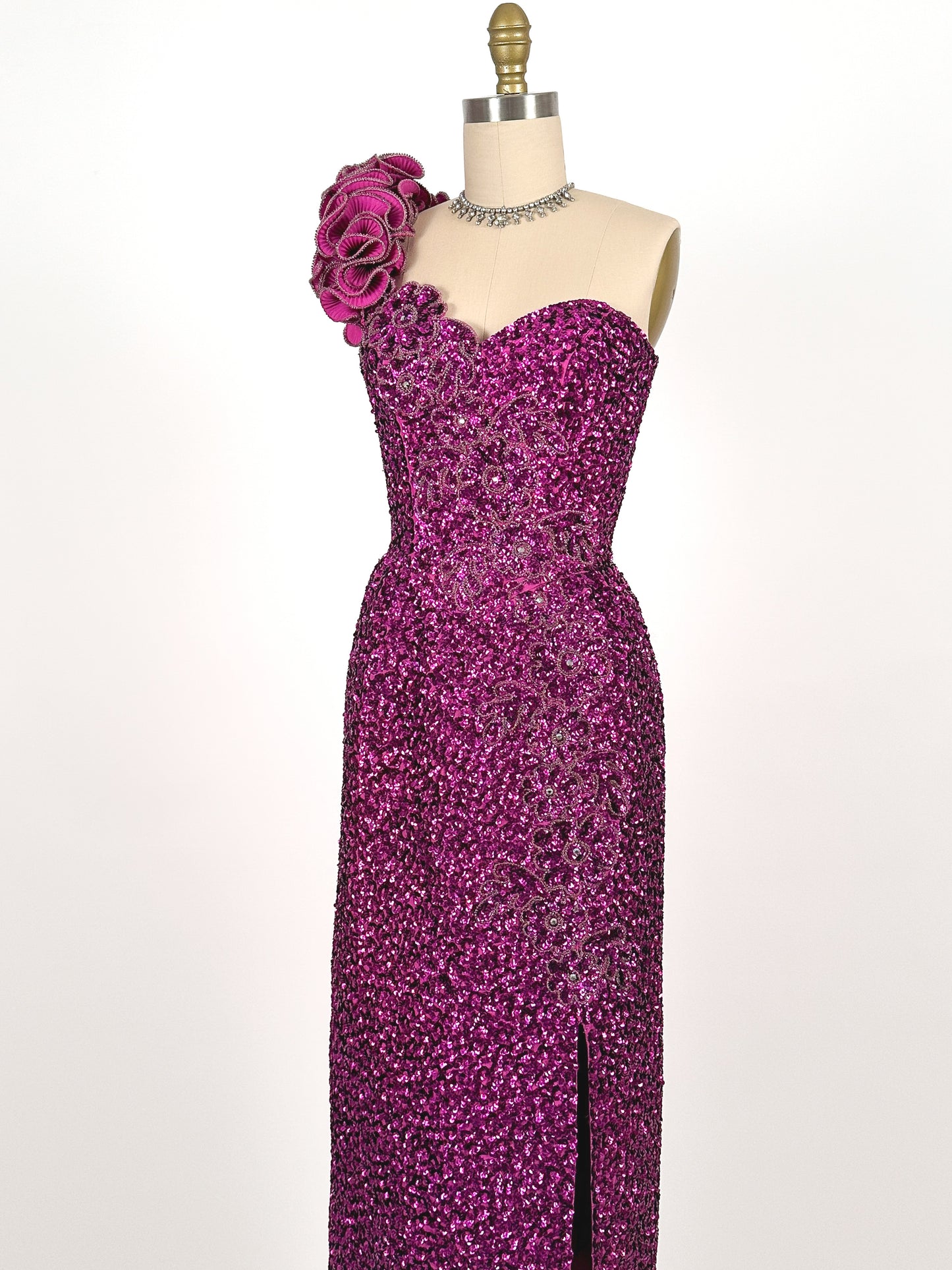 1980s Magenta Sequin Gown / Waist 24