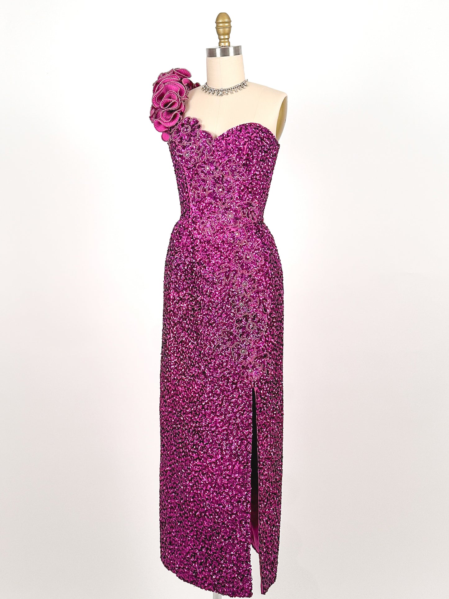 1980s Magenta Sequin Gown / Waist 24