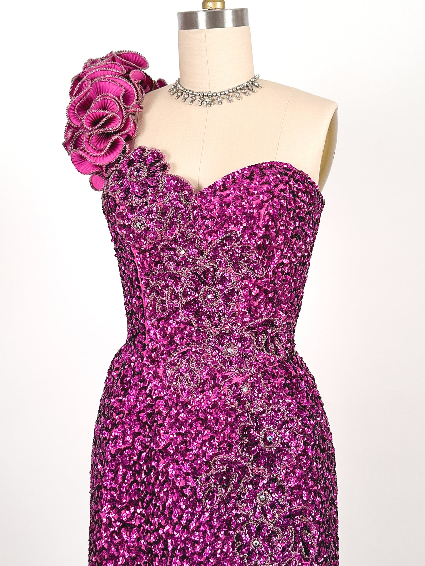 1980s Magenta Sequin Gown / Waist 24