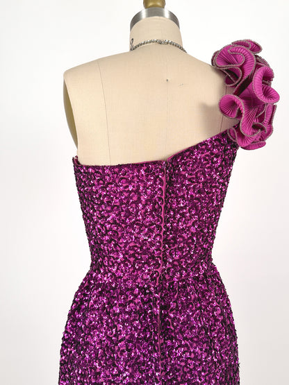 1980s Magenta Sequin Gown / Waist 24