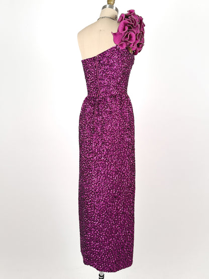 1980s Magenta Sequin Gown / Waist 24