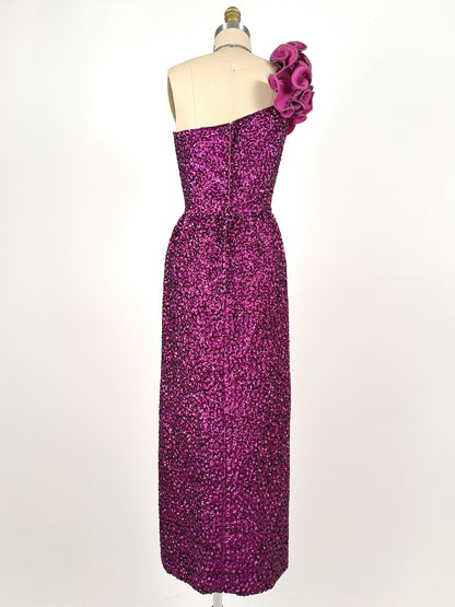 1980s Magenta Sequin Gown / Waist 24