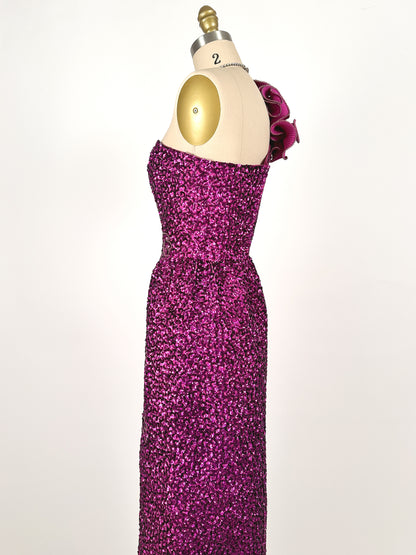 1980s Magenta Sequin Gown / Waist 24