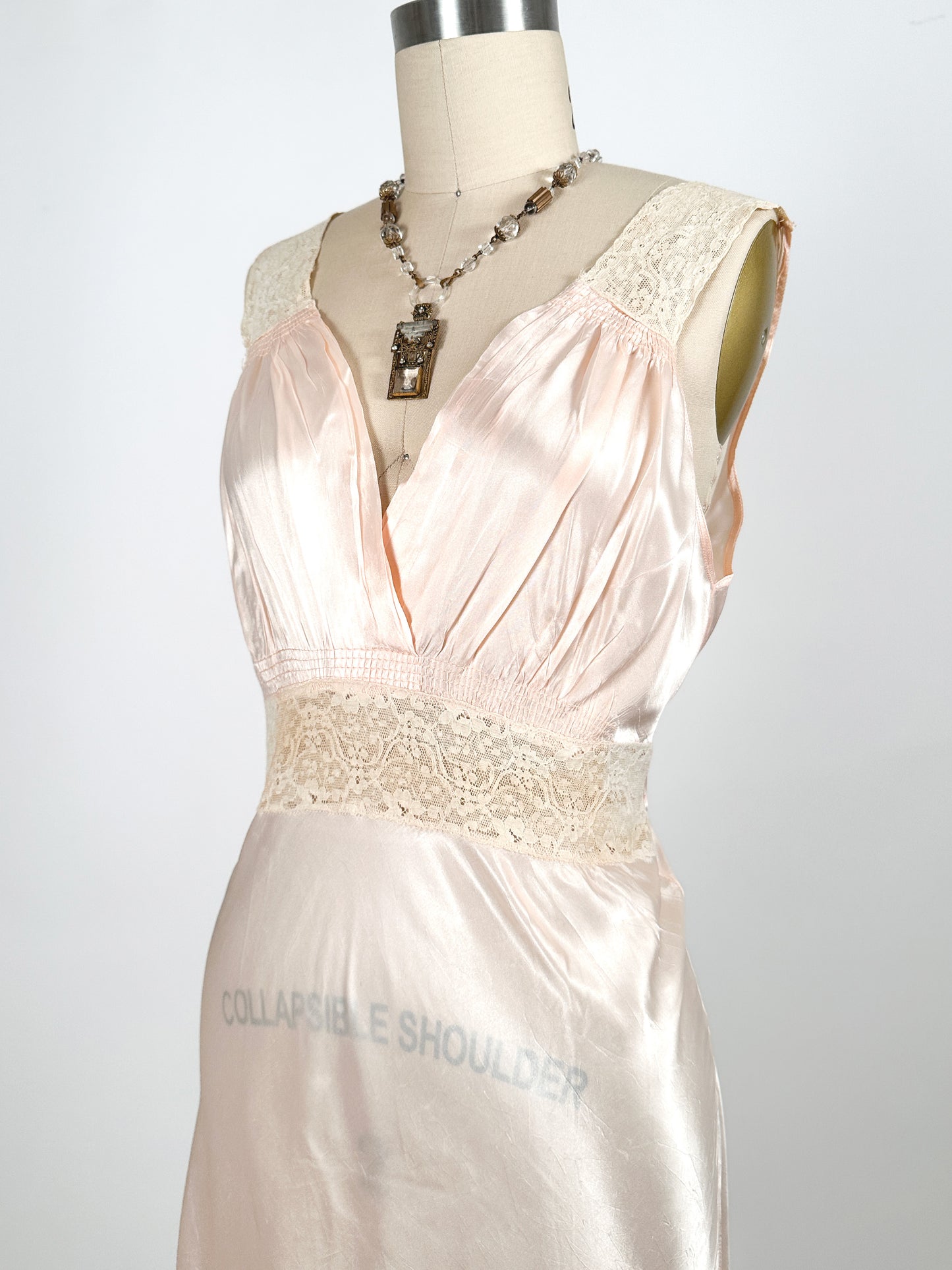 1930-40s Pale Pink Shimmering Nightgown with Lace / Waist 30