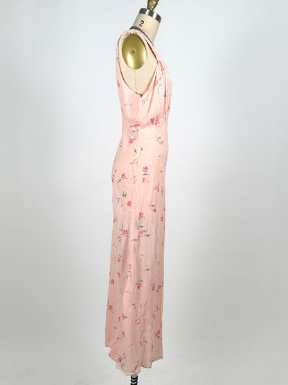 1930–40s Pale Pink Nightgown with Falling Petite Roses / Waist 32