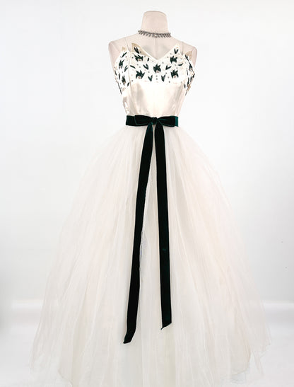 1950s White Christmas Satin & Tulle Gown by Emma Domb / Waist 28-30"