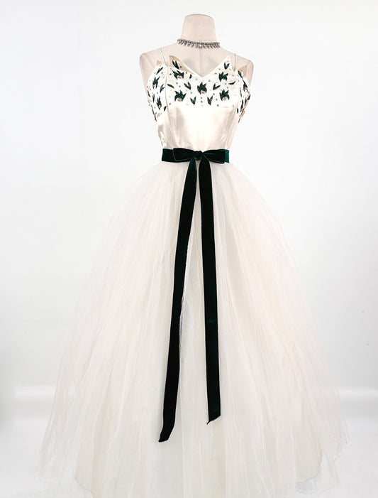 1950s White Christmas Satin & Tulle Gown by Emma Domb / Waist 28-30"