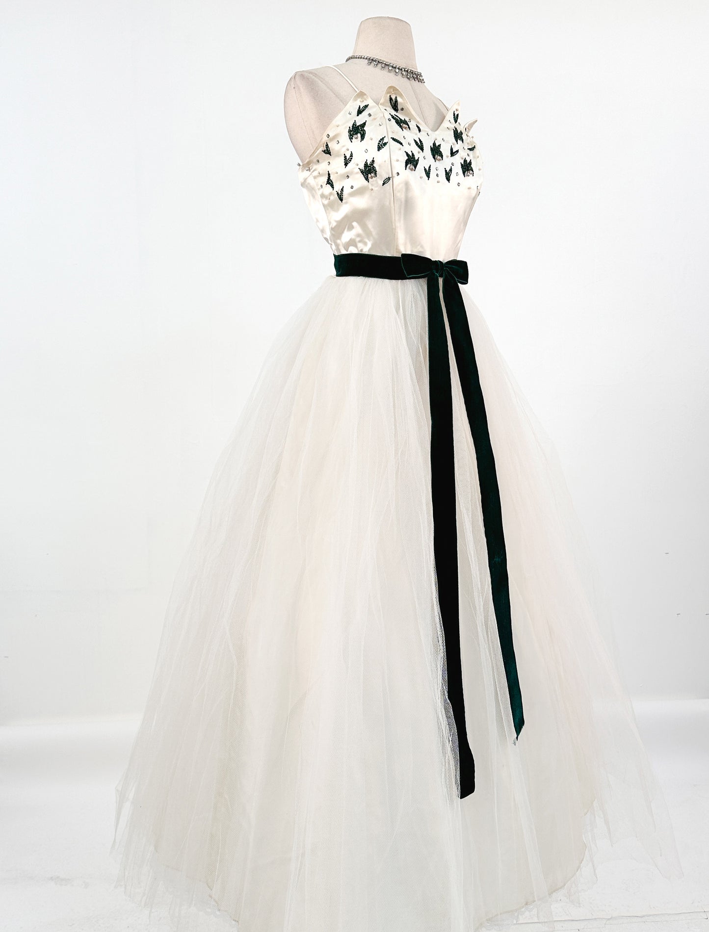 1950s White Christmas Satin & Tulle Gown by Emma Domb / Waist 28-30"