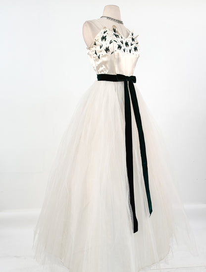 1950s White Christmas Satin & Tulle Gown by Emma Domb / Waist 28-30"