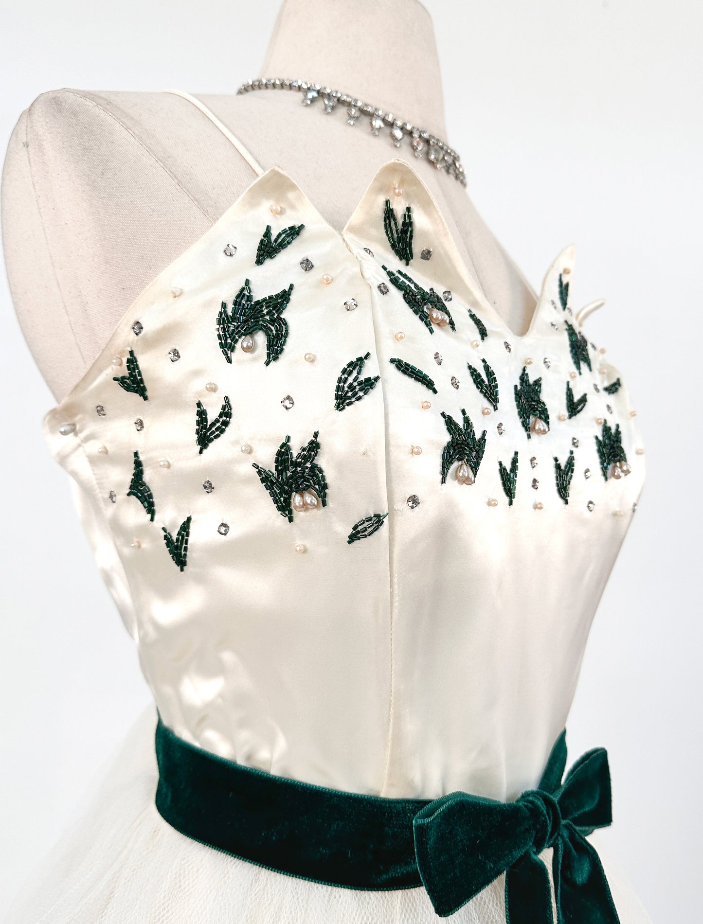 1950s White Christmas Satin & Tulle Gown by Emma Domb / Waist 28-30"