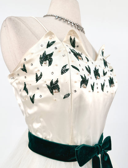 1950s White Christmas Satin & Tulle Gown by Emma Domb / Waist 28-30"