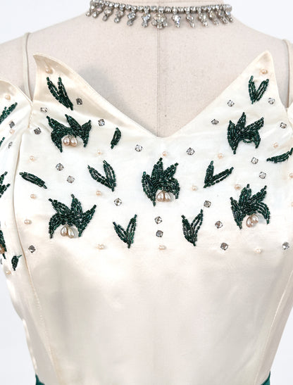 1950s White Christmas Satin & Tulle Gown by Emma Domb / Waist 28-30"