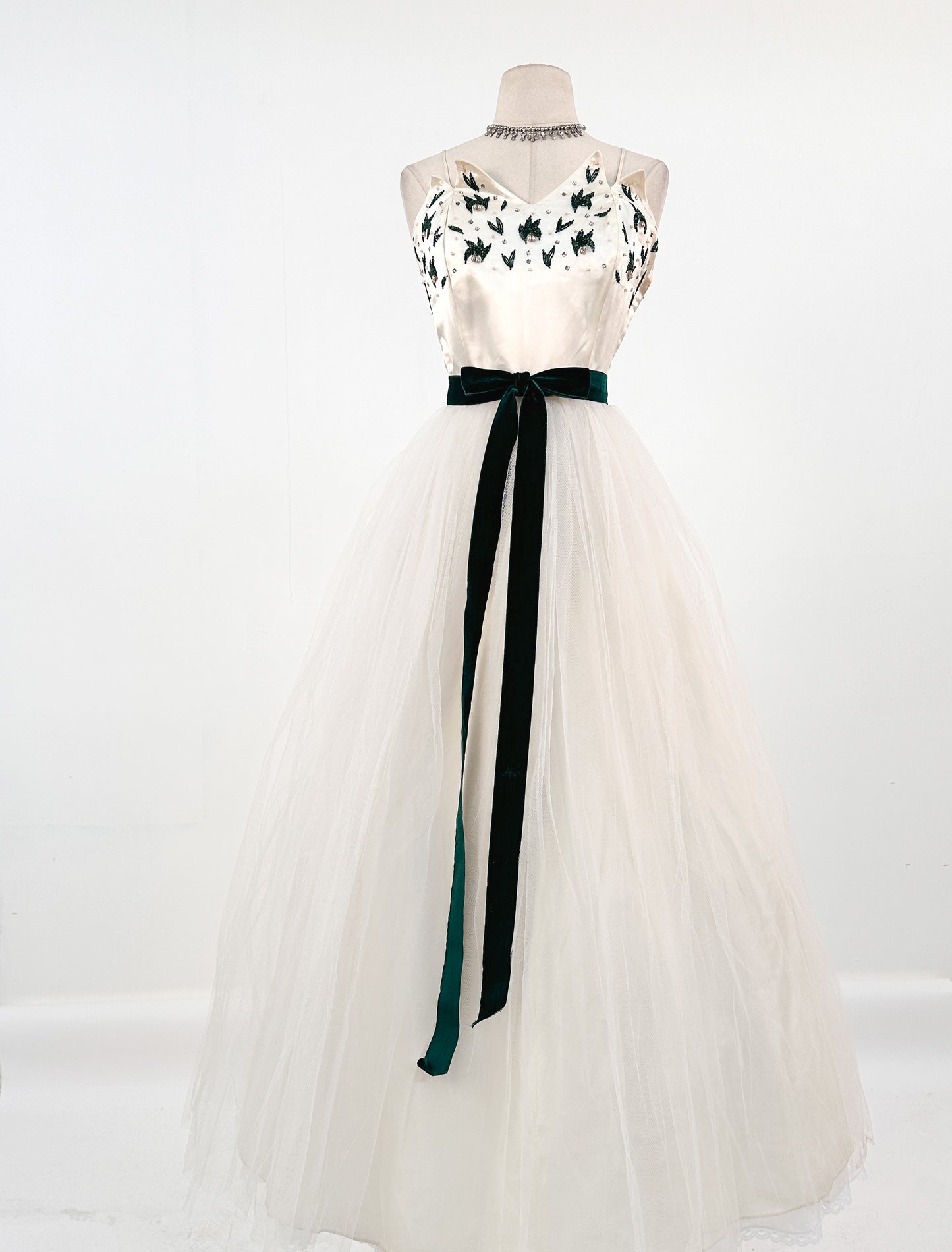 1950s White Christmas Satin & Tulle Gown by Emma Domb / Waist 28-30"