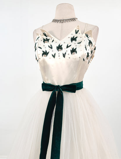 1950s White Christmas Satin & Tulle Gown by Emma Domb / Waist 28-30"