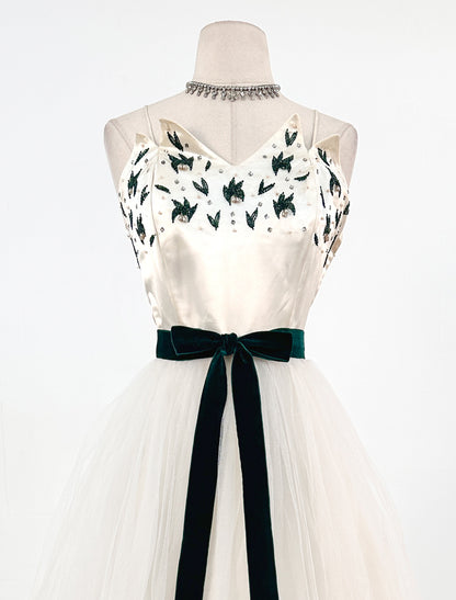 1950s White Christmas Satin & Tulle Gown by Emma Domb / Waist 28-30"