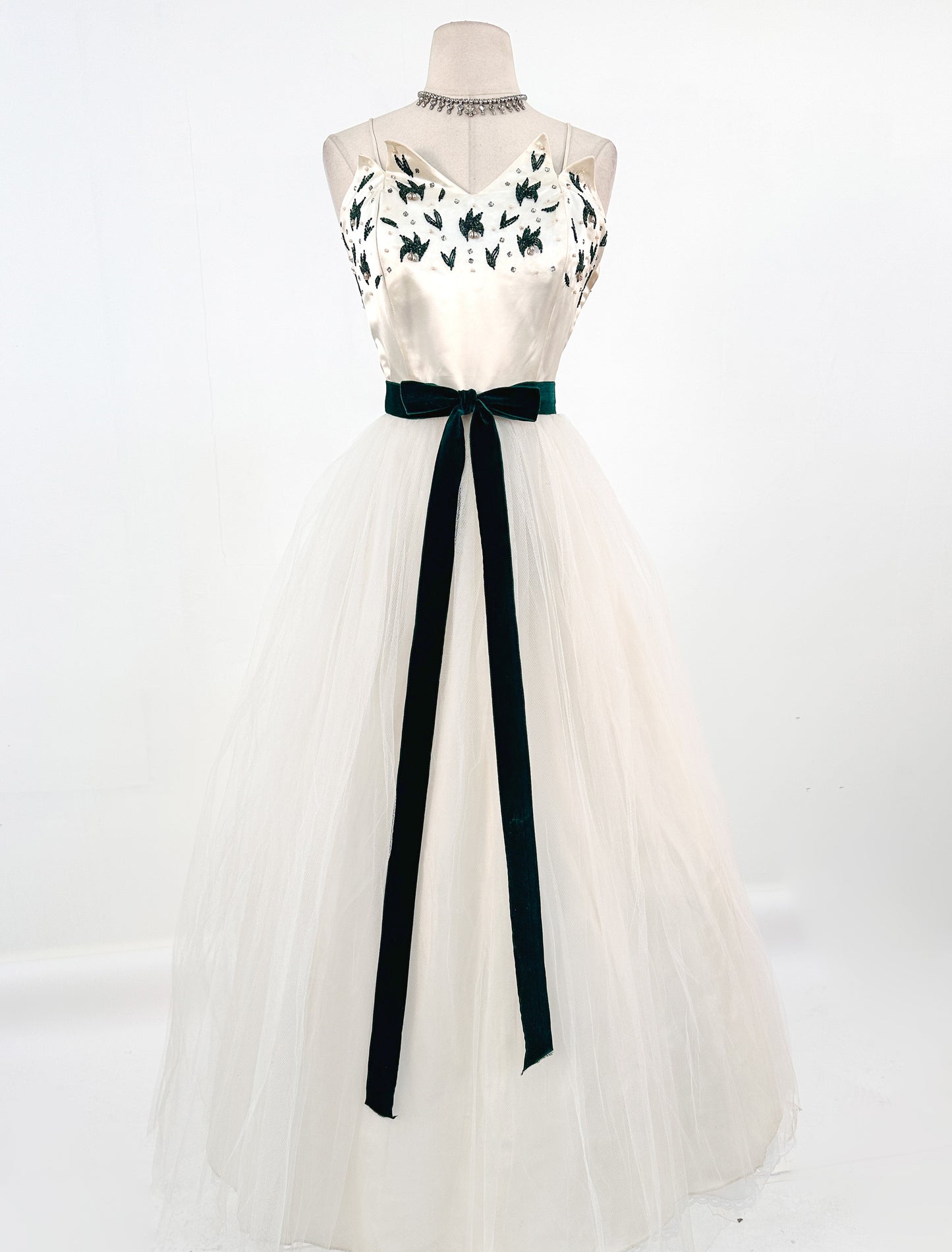 1950s White Christmas Satin & Tulle Gown by Emma Domb / Waist 28-30"