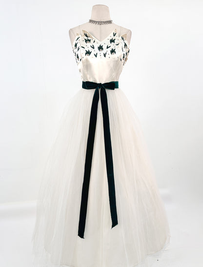 1950s White Christmas Satin & Tulle Gown by Emma Domb / Waist 28-30"