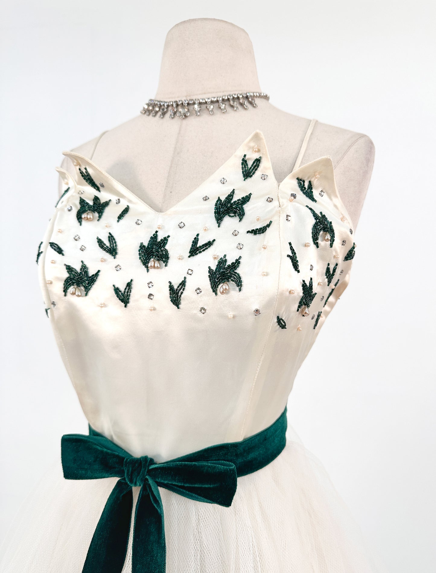 1950s White Christmas Satin & Tulle Gown by Emma Domb / Waist 28-30"