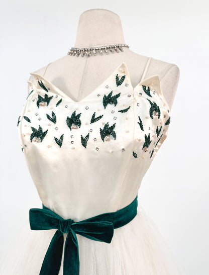 1950s White Christmas Satin & Tulle Gown by Emma Domb / Waist 28-30"