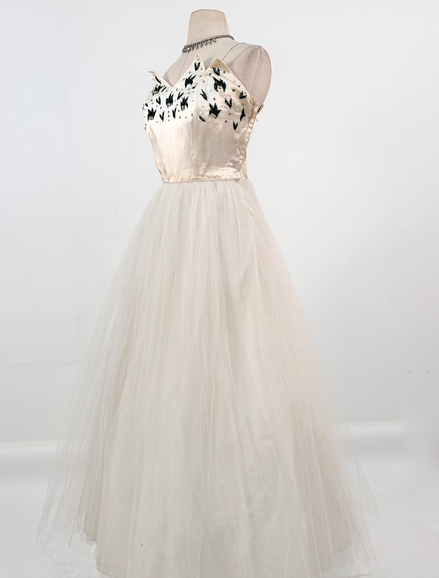 1950s White Christmas Satin & Tulle Gown by Emma Domb / Waist 28-30"