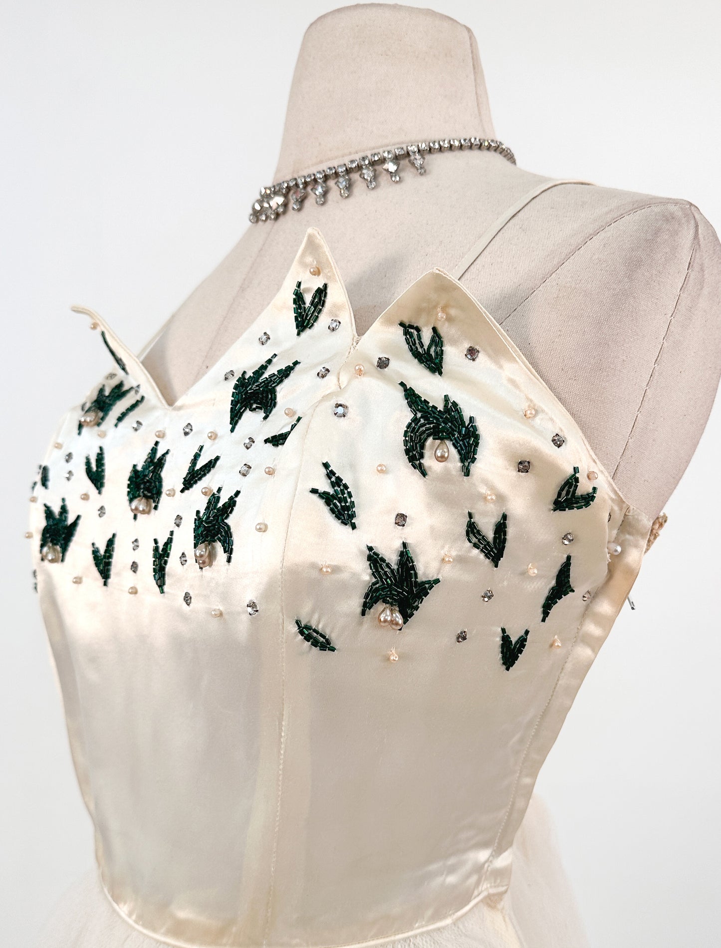 1950s White Christmas Satin & Tulle Gown by Emma Domb / Waist 28-30"