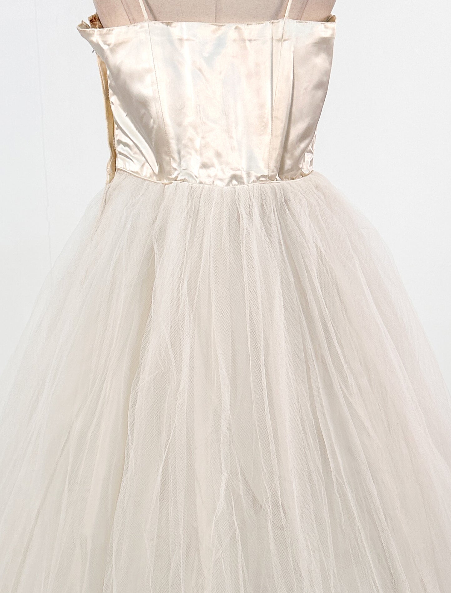 1950s White Christmas Satin & Tulle Gown by Emma Domb / Waist 28-30"