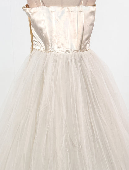 1950s White Christmas Satin & Tulle Gown by Emma Domb / Waist 28-30"