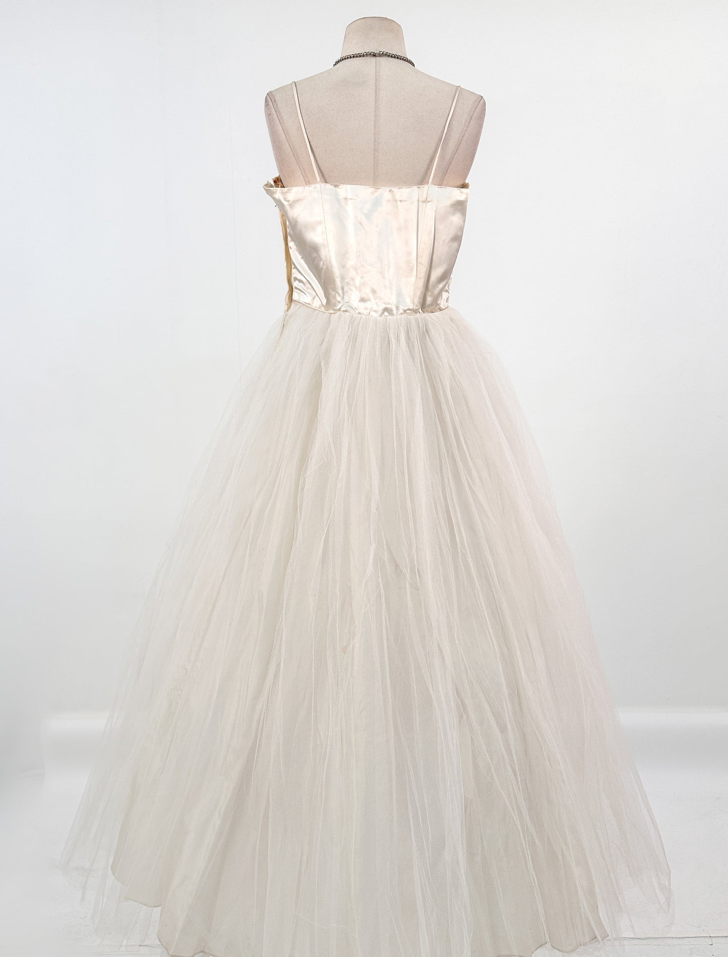 1950s White Christmas Satin & Tulle Gown by Emma Domb / Waist 28-30"