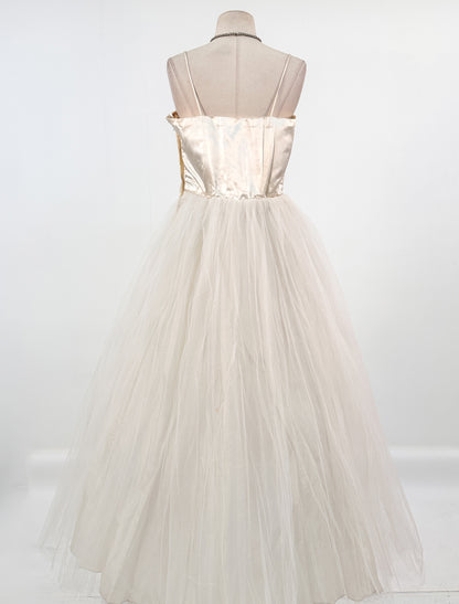 1950s White Christmas Satin & Tulle Gown by Emma Domb / Waist 28-30"