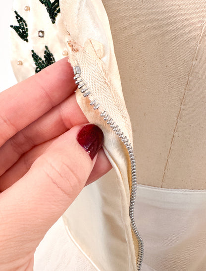 1950s White Christmas Satin & Tulle Gown by Emma Domb / Waist 28-30"