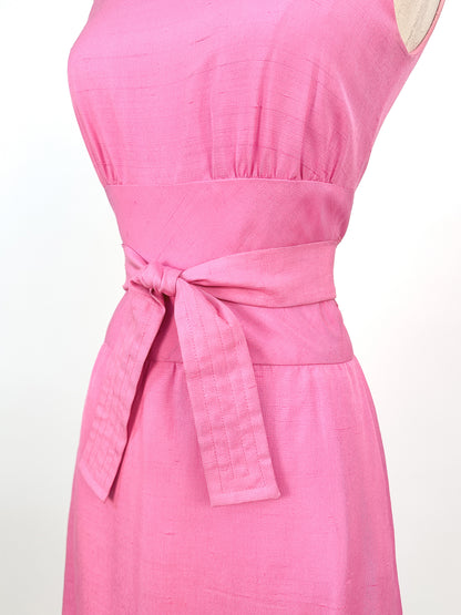 1960s Barbie Pink Raw Silk Shift with Sash / Waist 30
