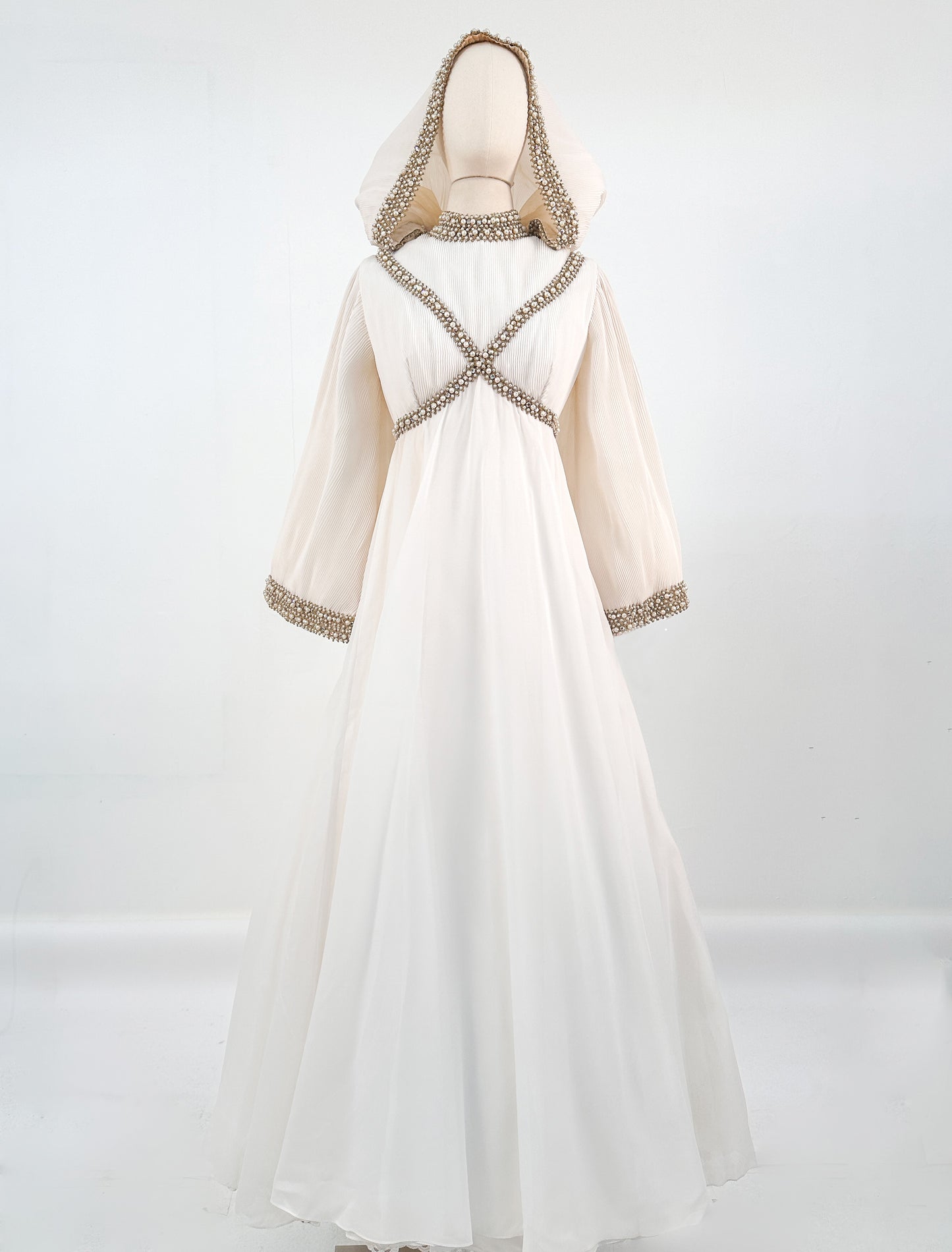 1960s Unique Hooded Chiffon Wedding Gown Adorned with Pearls and Rhinestone / Waist 30