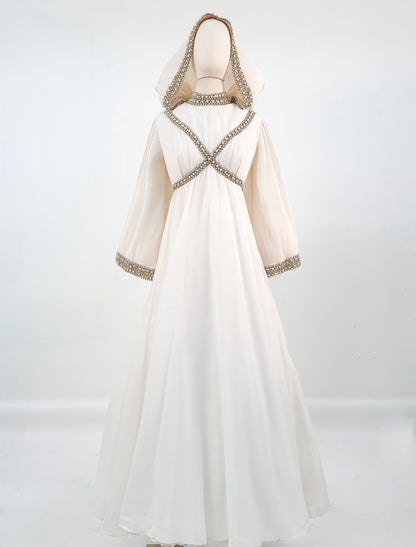 1960s Unique Hooded Chiffon Wedding Gown Adorned with Pearls and Rhinestone / Waist 30