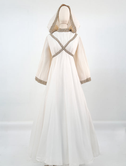 1960s Unique Hooded Chiffon Wedding Gown Adorned with Pearls and Rhinestone / Waist 30